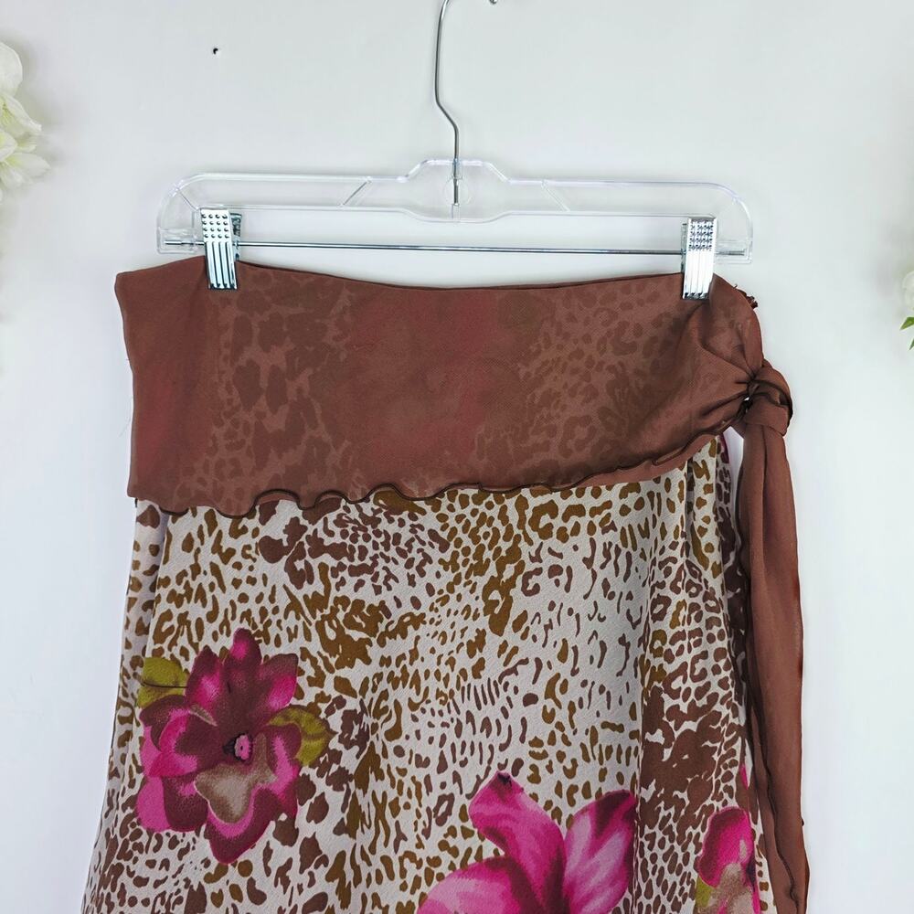 Y2K Chiffon Skirt Medium Brown Leopard Tropical Floral Fairy Grunge Whimsical - Picture 7 of 11